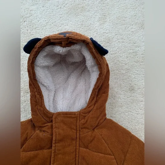Mini Boden Size 18-24 Months Brown Corduroy Sherpa Lined Dog Hooded Puffer Coat - Picture 4 of 10